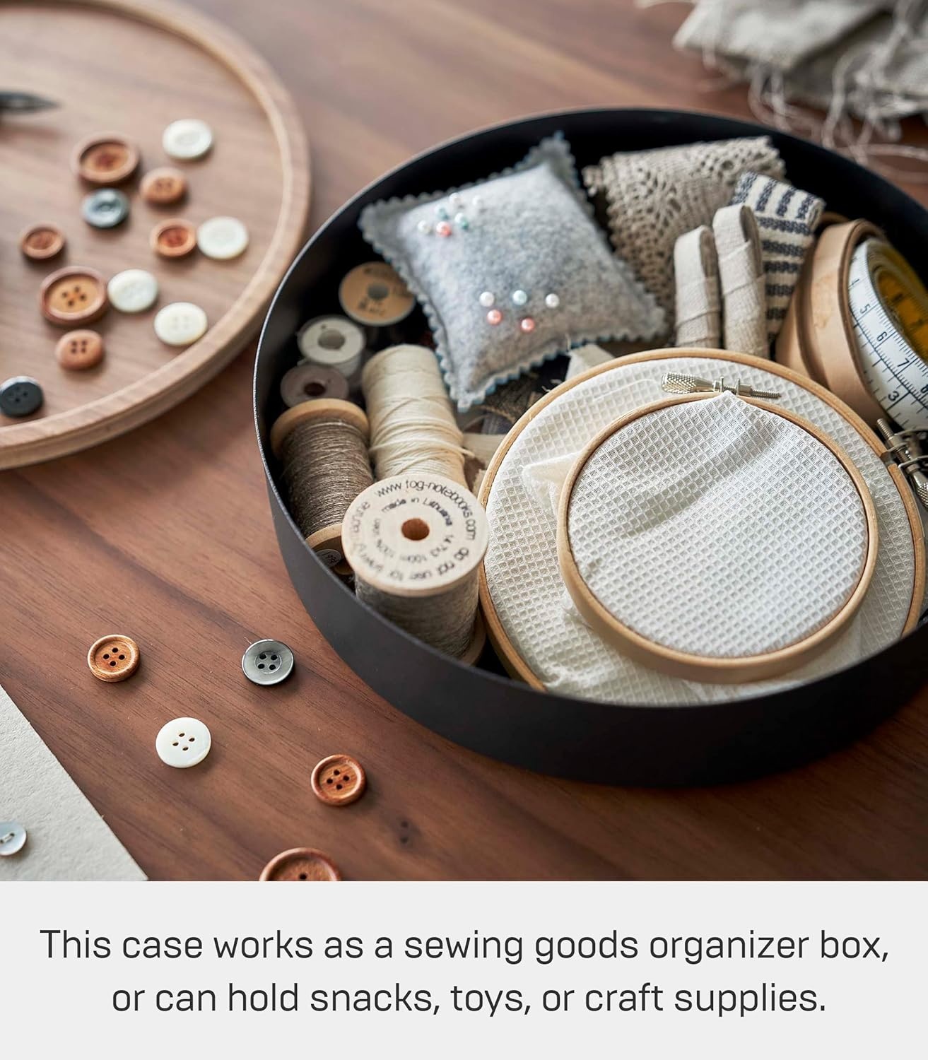 image:imageYAMAZAKI Home Rin Round Storage Case Snacks Toy Or Craft Supplies Holder Sewing Box Organizer Wooden Lid Tray Short Steel WoodWalnut