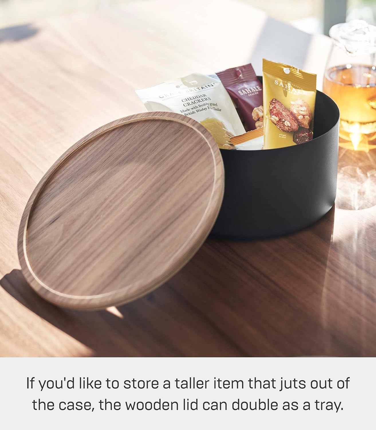 image:imageYAMAZAKI Home Rin Round Storage Case Snacks Toy Or Craft Supplies Holder Sewing Box Organizer Wooden Lid Tray Short Steel WoodWalnut