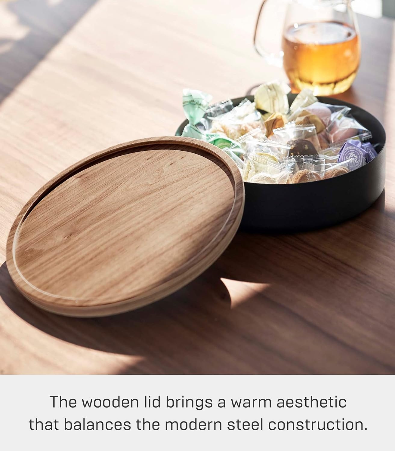 image:imageYAMAZAKI Home Rin Round Storage Case Snacks Toy Or Craft Supplies Holder Sewing Box Organizer Wooden Lid Tray Short Steel WoodWalnut