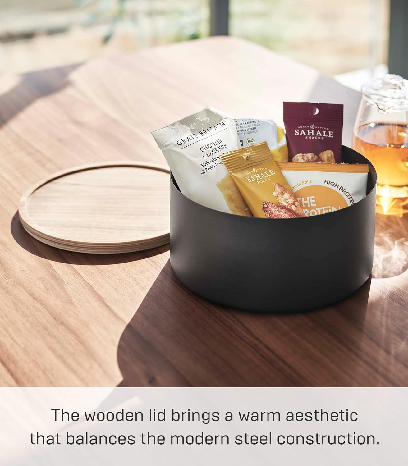 image:imageYAMAZAKI Home Rin Round Storage Case Snacks Toy Or Craft Supplies Holder Sewing Box Organizer Wooden Lid Tray Short Steel WoodWalnut