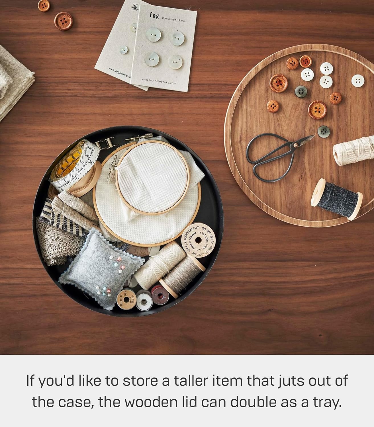 image:imageYAMAZAKI Home Rin Round Storage Case Snacks Toy Or Craft Supplies Holder Sewing Box Organizer Wooden Lid Tray Short Steel WoodWalnut