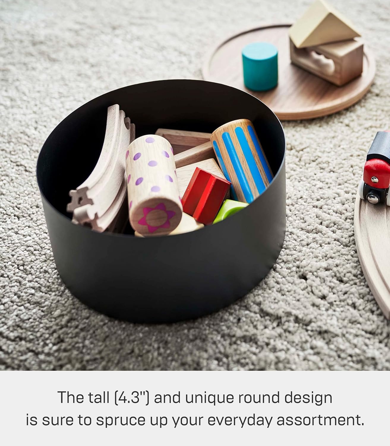 image:imageYAMAZAKI Home Rin Round Storage Case Snacks Toy Or Craft Supplies Holder Sewing Box Organizer Wooden Lid Tray Short Steel WoodWalnut