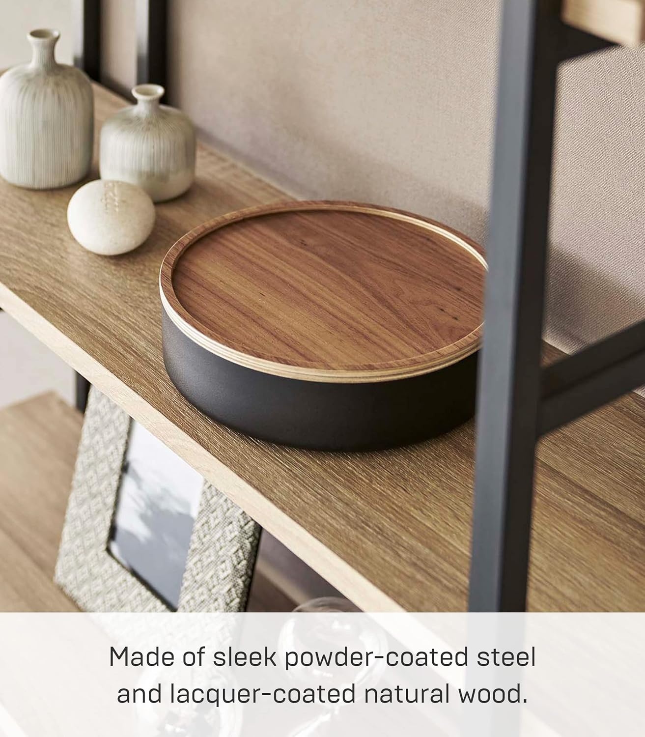 image:imageYAMAZAKI Home Rin Round Storage Case Snacks Toy Or Craft Supplies Holder Sewing Box Organizer Wooden Lid Tray Short Steel WoodWalnut