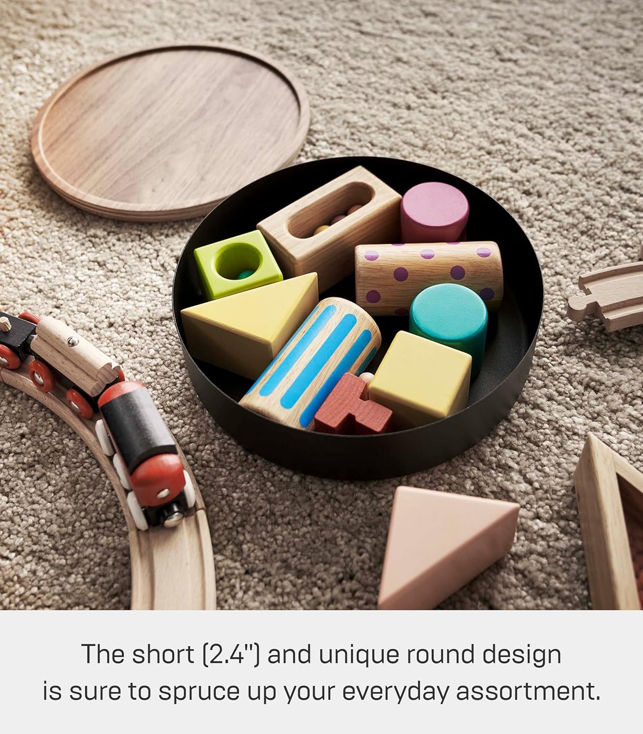 image:imageYAMAZAKI Home Rin Round Storage Case Snacks Toy Or Craft Supplies Holder Sewing Box Organizer Wooden Lid Tray Short Steel WoodWalnut