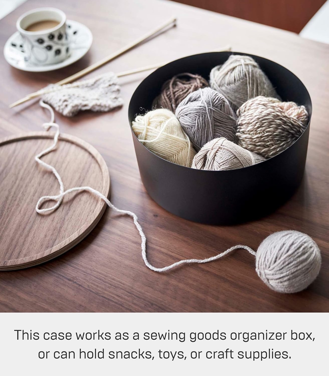 image:imageYAMAZAKI Home Rin Round Storage Case Snacks Toy Or Craft Supplies Holder Sewing Box Organizer Wooden Lid Tray Short Steel WoodWalnut