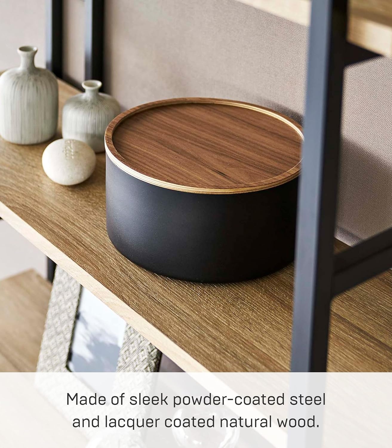 image:imageYAMAZAKI Home Rin Round Storage Case Snacks Toy Or Craft Supplies Holder Sewing Box Organizer Wooden Lid Tray Short Steel WoodWalnut