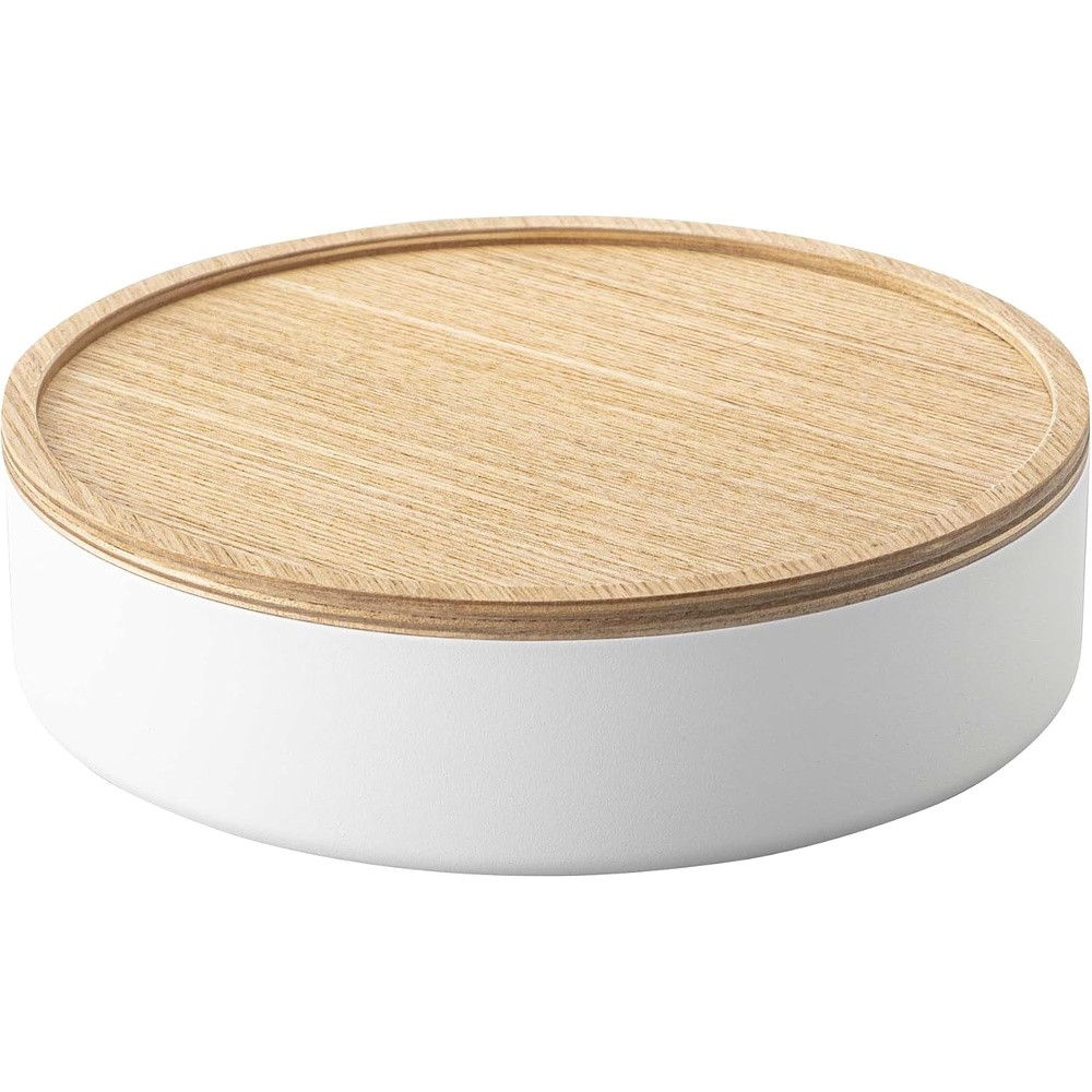 image:imageYAMAZAKI Home Rin Round Storage Case Snacks Toy Or Craft Supplies Holder Sewing Box Organizer Wooden Lid Tray Short Steel WoodAsh
