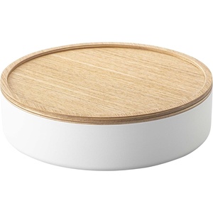 YAMAZAKI Home Rin Round Storage Case, Snacks, Toy, Or Craft Supplies Holder, Sewing Box Organizer, Wooden Lid Tray – Short – Steel + Wood(Ash)
