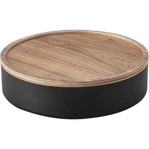 YAMAZAKI Home Rin Round Storage Case, Snacks, Toy, Or Craft Supplies Holder, Sewing Box Organizer, Wooden Lid Tray – Short – Steel + Wood(Walnut)