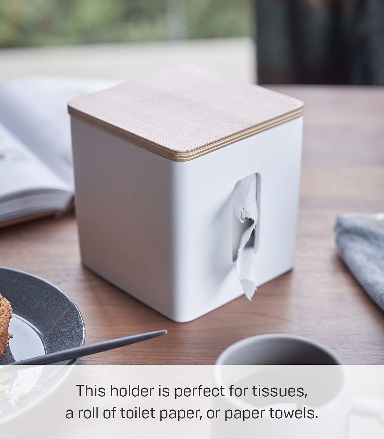 image:imageYamazaki Home Rin Tissue Paper Case with Removable Wooden Lid Tissue Or Toilet Paper Or Paper Towel Rectangular Storage Holder for Kitchen Bathroom Or Bedroom Polystone Ash
