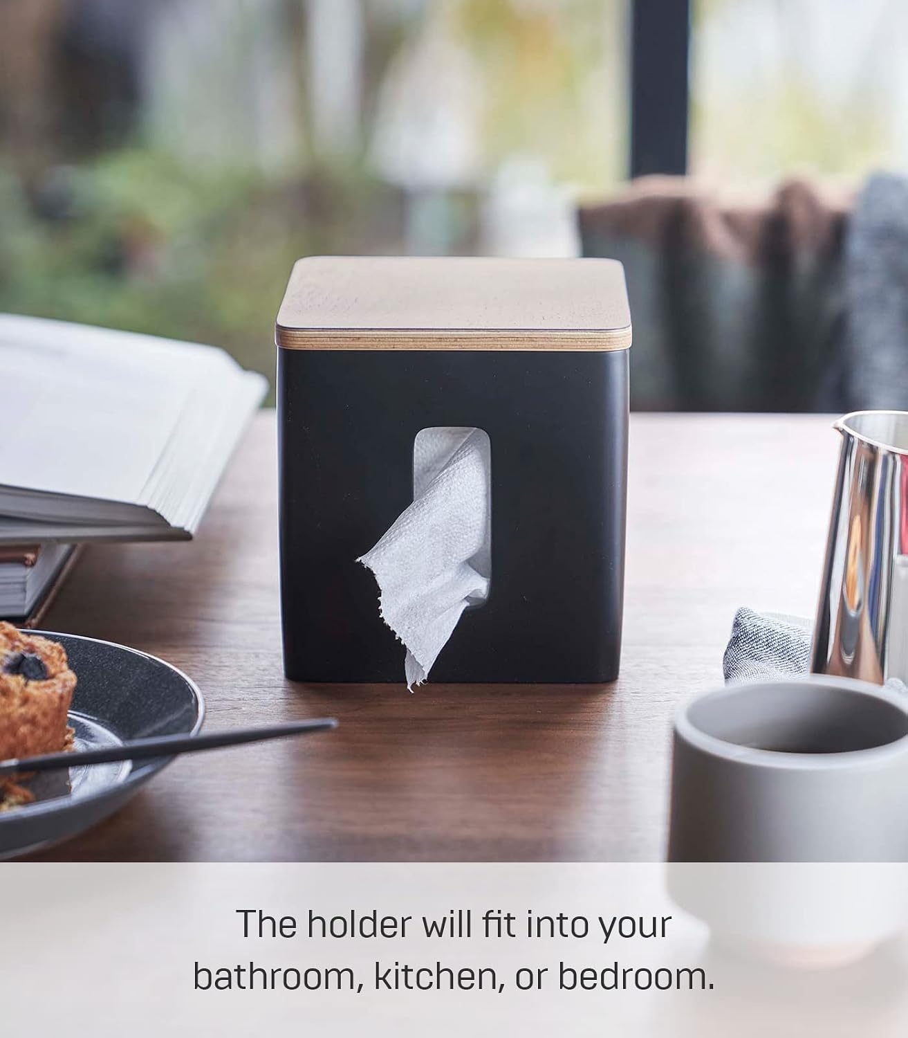 image:imageYamazaki Home Rin Tissue Paper Case with Removable Wooden Lid Tissue Or Toilet Paper Or Paper Towel Rectangular Storage Holder for Kitchen Bathroom Or Bedroom Polystone Walnut