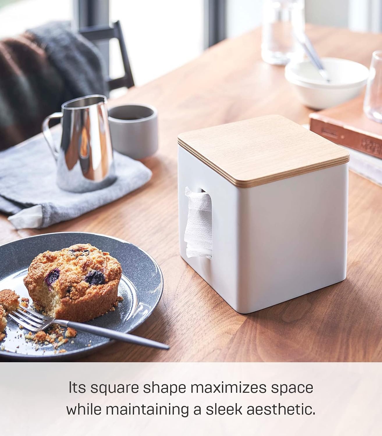 image:imageYamazaki Home Rin Tissue Paper Case with Removable Wooden Lid Tissue Or Toilet Paper Or Paper Towel Rectangular Storage Holder for Kitchen Bathroom Or Bedroom Polystone Ash
