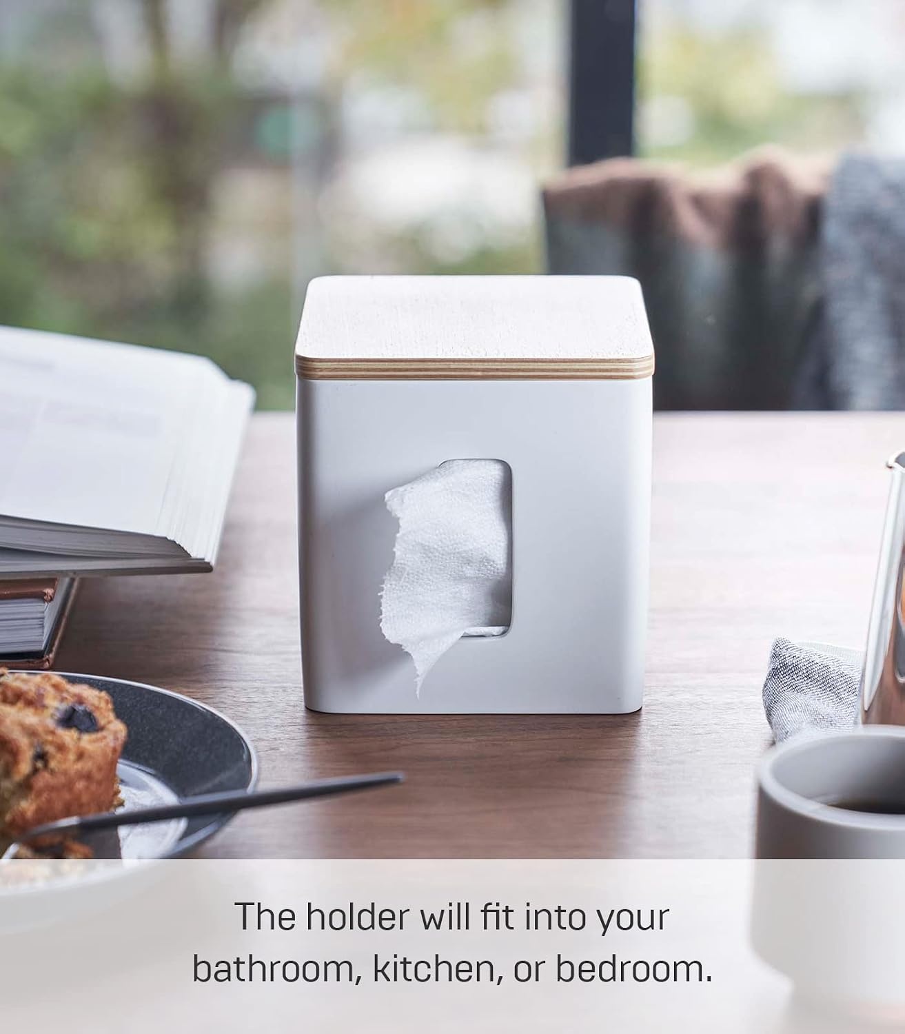 image:imageYamazaki Home Rin Tissue Paper Case with Removable Wooden Lid Tissue Or Toilet Paper Or Paper Towel Rectangular Storage Holder for Kitchen Bathroom Or Bedroom Polystone Ash