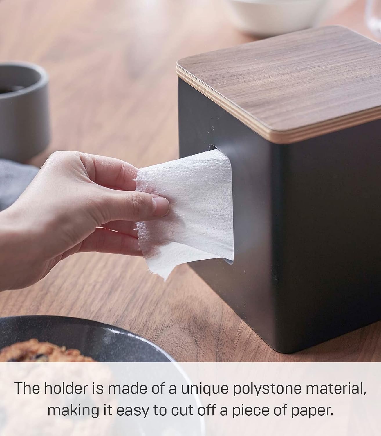 image:imageYamazaki Home Rin Tissue Paper Case with Removable Wooden Lid Tissue Or Toilet Paper Or Paper Towel Rectangular Storage Holder for Kitchen Bathroom Or Bedroom Polystone Walnut