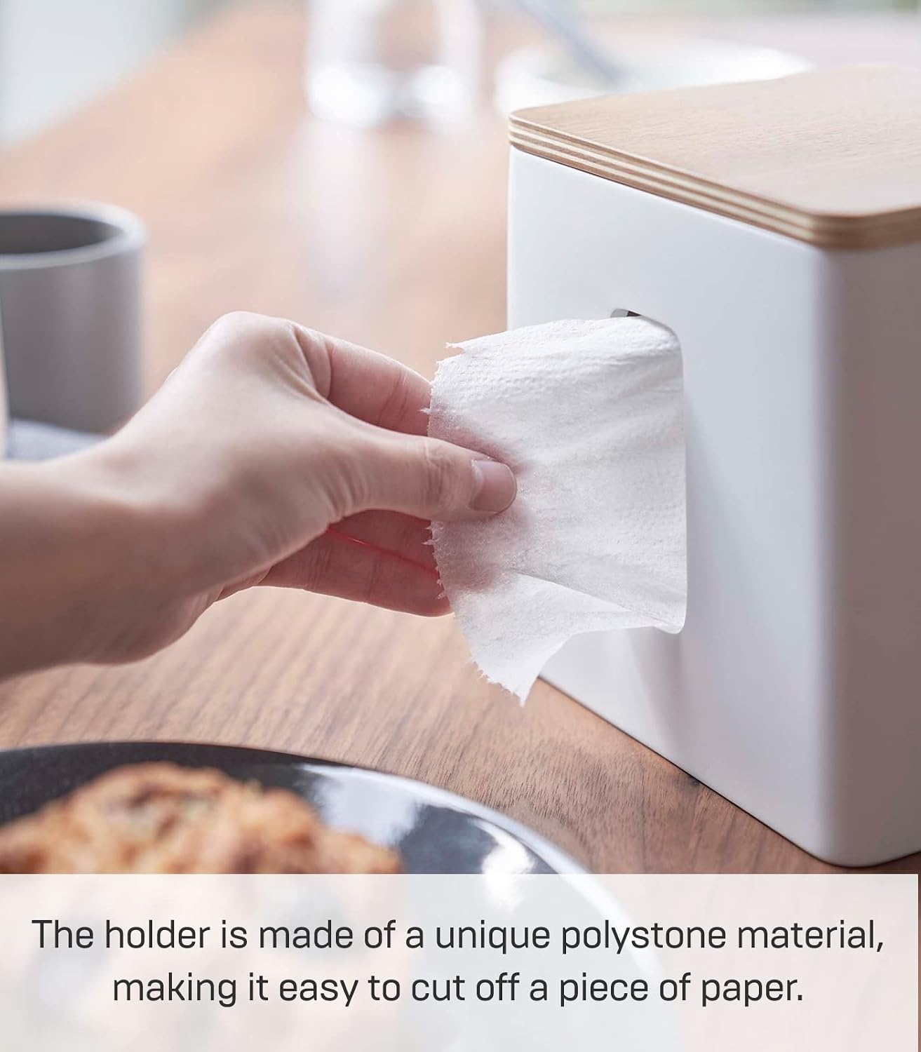 image:imageYamazaki Home Rin Tissue Paper Case with Removable Wooden Lid Tissue Or Toilet Paper Or Paper Towel Rectangular Storage Holder for Kitchen Bathroom Or Bedroom Polystone Ash