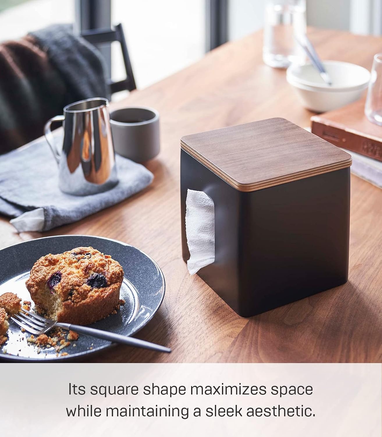 image:imageYamazaki Home Rin Tissue Paper Case with Removable Wooden Lid Tissue Or Toilet Paper Or Paper Towel Rectangular Storage Holder for Kitchen Bathroom Or Bedroom Polystone Walnut
