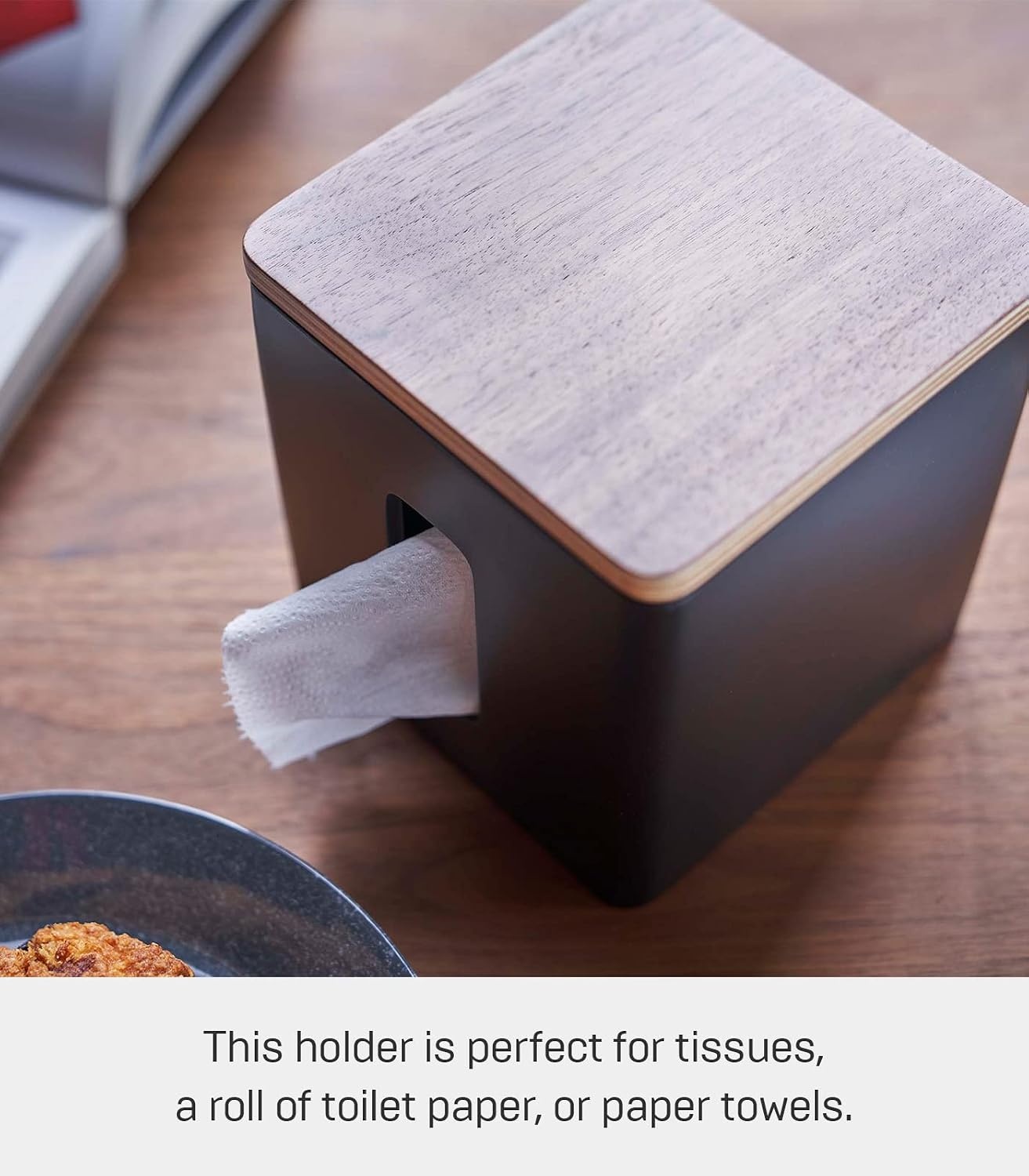image:imageYamazaki Home Rin Tissue Paper Case with Removable Wooden Lid Tissue Or Toilet Paper Or Paper Towel Rectangular Storage Holder for Kitchen Bathroom Or Bedroom Polystone Walnut