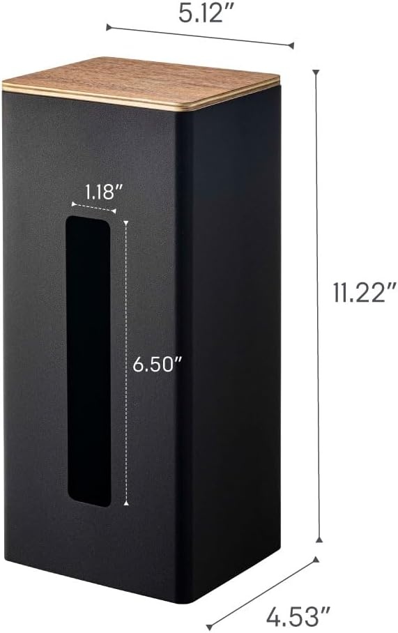 image:imageYamazaki Home Rin Vertical Double Sided Tissue Box Holder with Adjustable Divider Metal Paper Or Bag Dispenser with Wooden Lid Steel WoodBlack