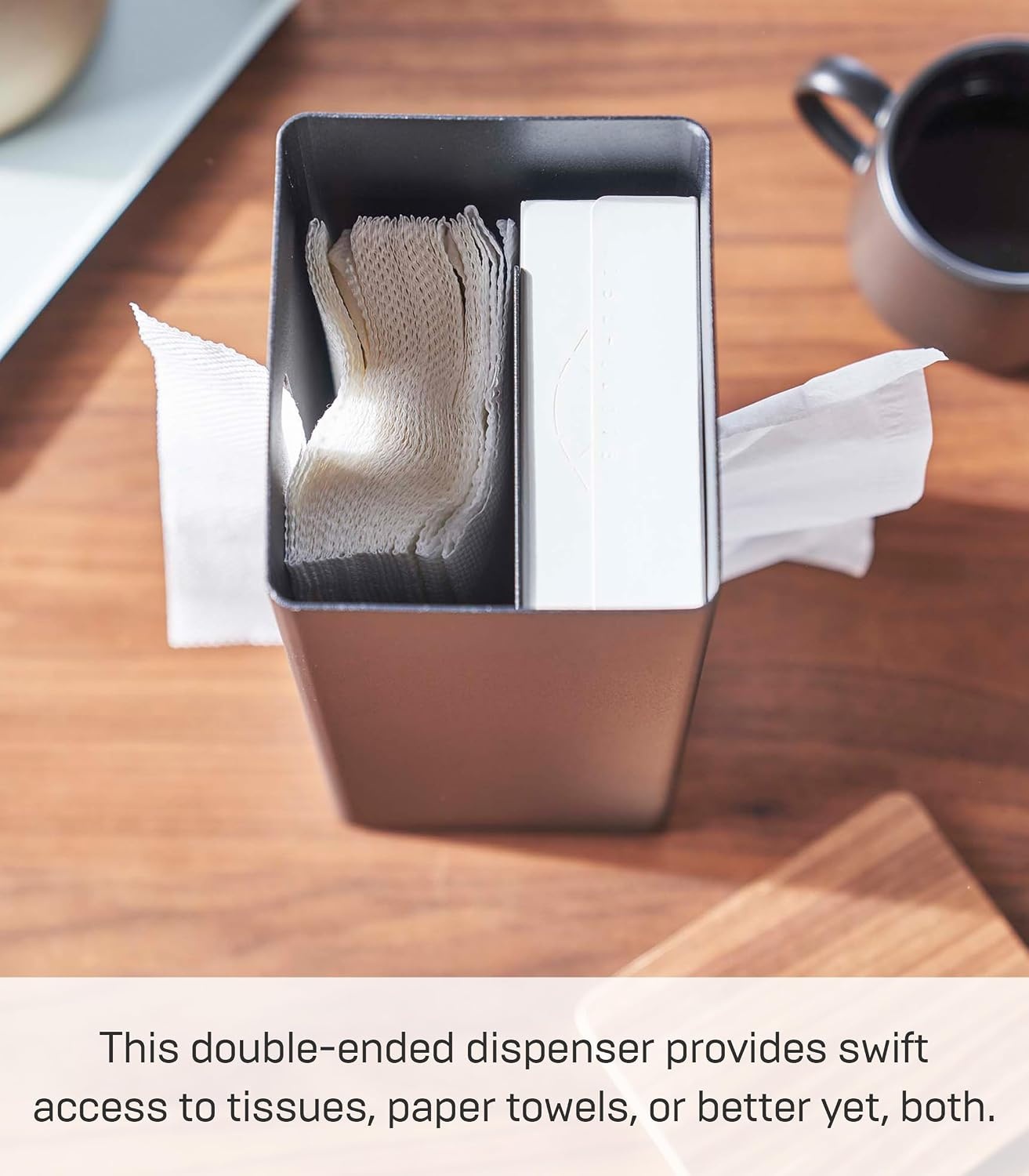 image:imageYamazaki Home Rin Vertical Double Sided Tissue Box Holder with Adjustable Divider Metal Paper Or Bag Dispenser with Wooden Lid Steel WoodBlack