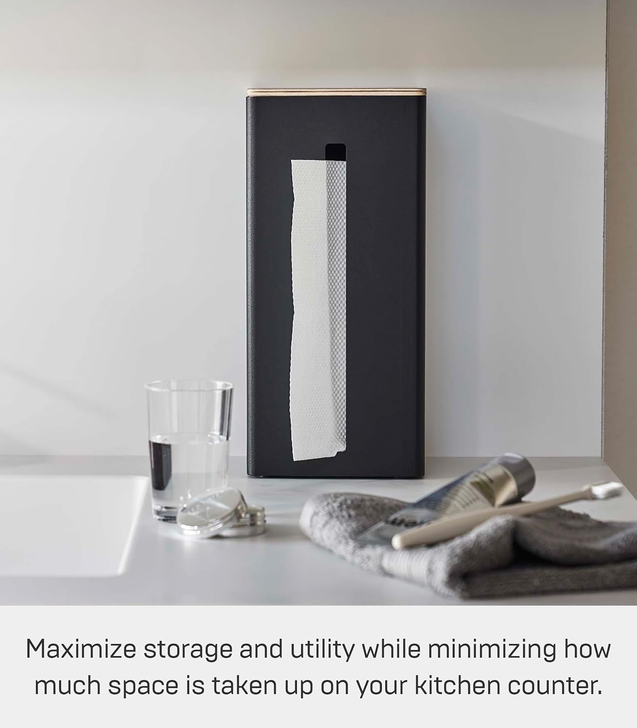 image:imageYamazaki Home Rin Vertical Double Sided Tissue Box Holder with Adjustable Divider Metal Paper Or Bag Dispenser with Wooden Lid Steel WoodBlack