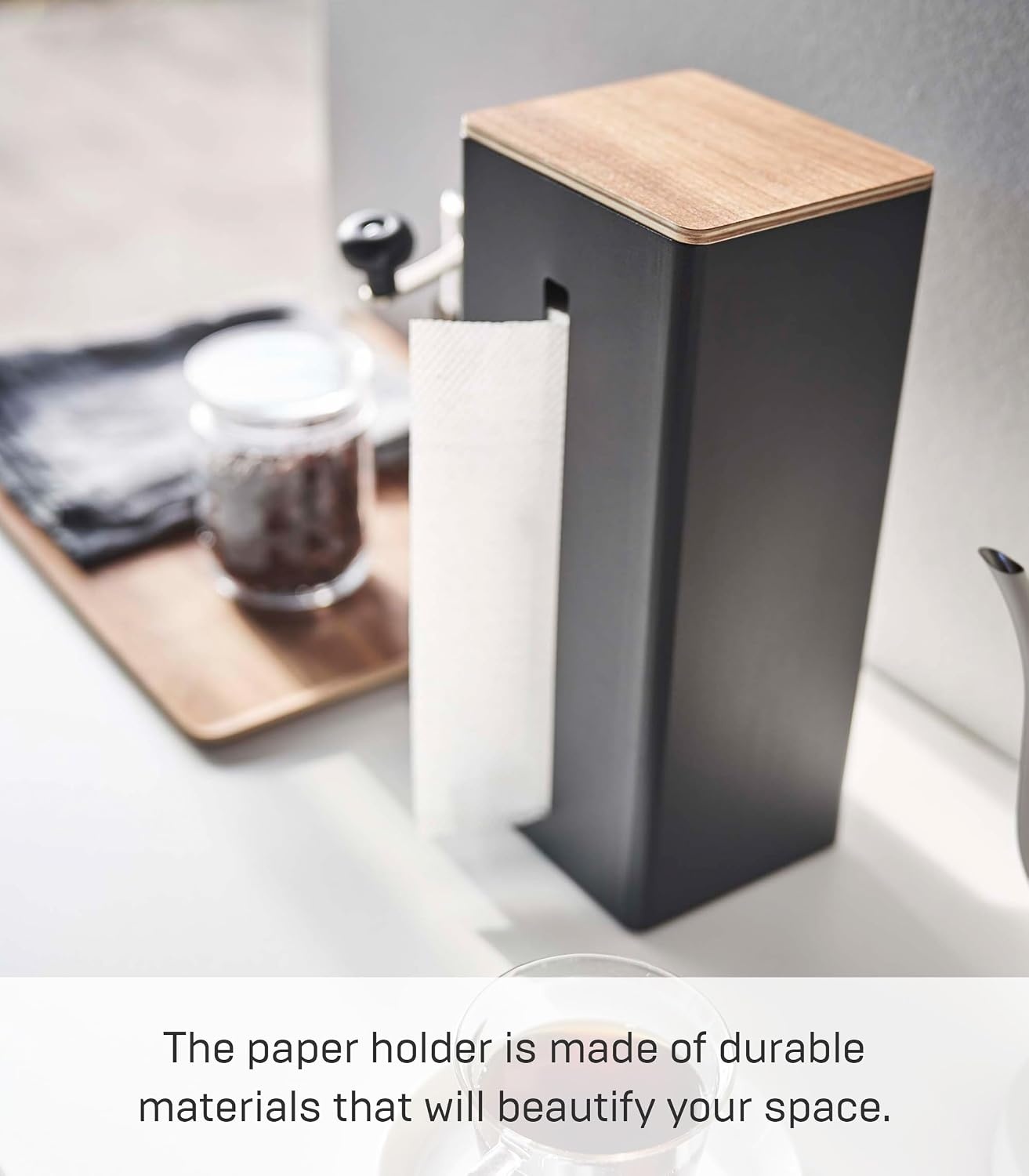 image:imageYamazaki Home Rin Vertical Double Sided Tissue Box Holder with Adjustable Divider Metal Paper Or Bag Dispenser with Wooden Lid Steel WoodBlack