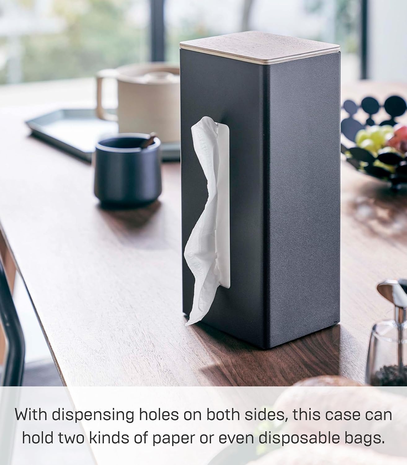 image:imageYamazaki Home Rin Vertical Double Sided Tissue Box Holder with Adjustable Divider Metal Paper Or Bag Dispenser with Wooden Lid Steel WoodBlack