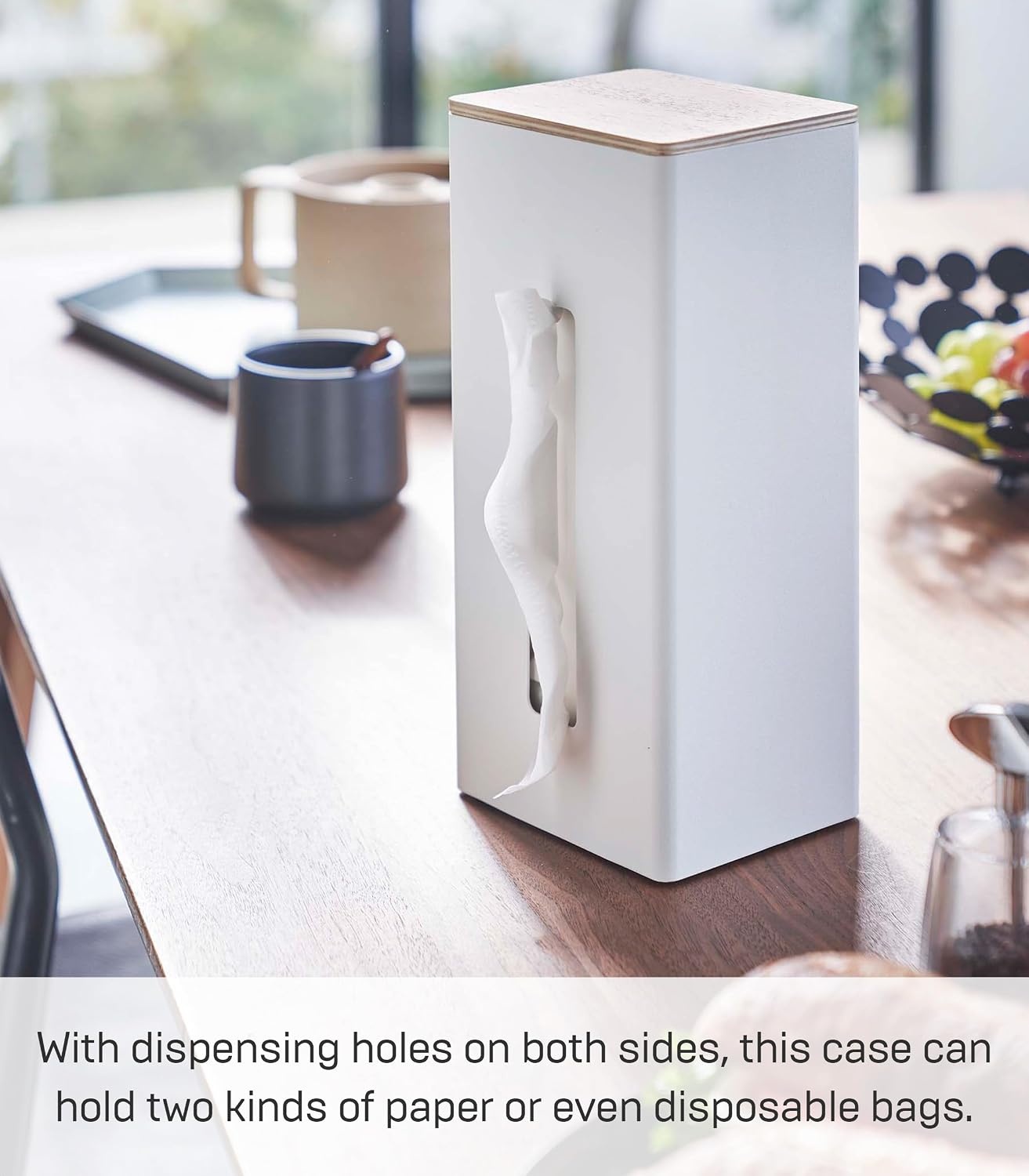 image:imageYamazaki Home Rin Vertical Double Sided Tissue Box Holder with Adjustable Divider Metal Paper Or Bag Dispenser with Wooden Lid Steel WoodWhite