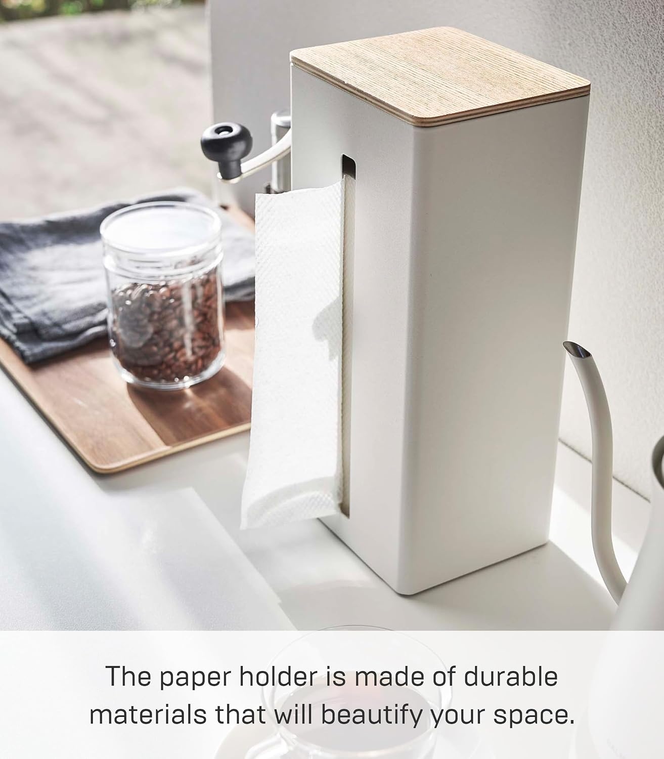 image:imageYamazaki Home Rin Vertical Double Sided Tissue Box Holder with Adjustable Divider Metal Paper Or Bag Dispenser with Wooden Lid Steel WoodWhite