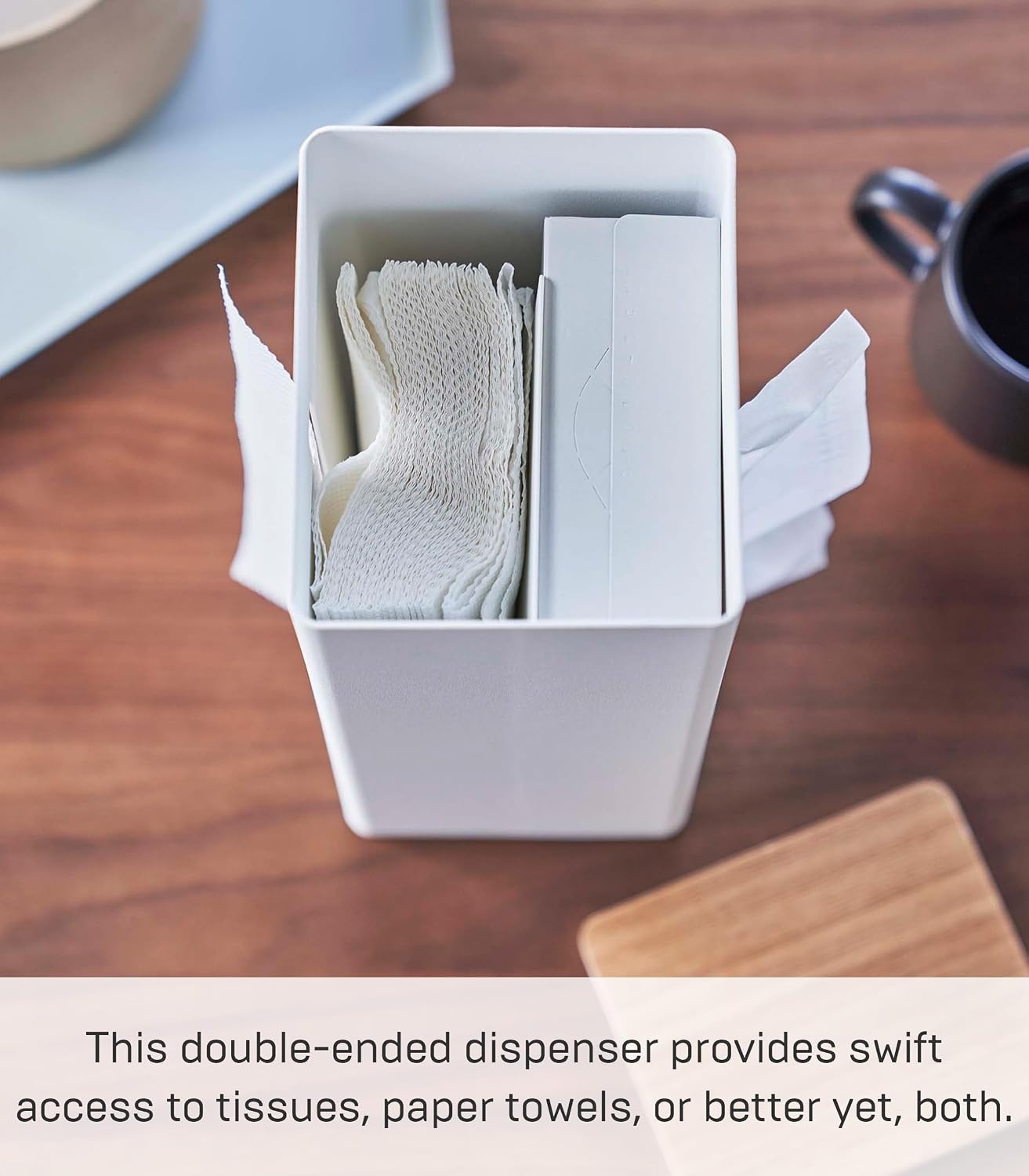 image:imageYamazaki Home Rin Vertical Double Sided Tissue Box Holder with Adjustable Divider Metal Paper Or Bag Dispenser with Wooden Lid Steel WoodWhite