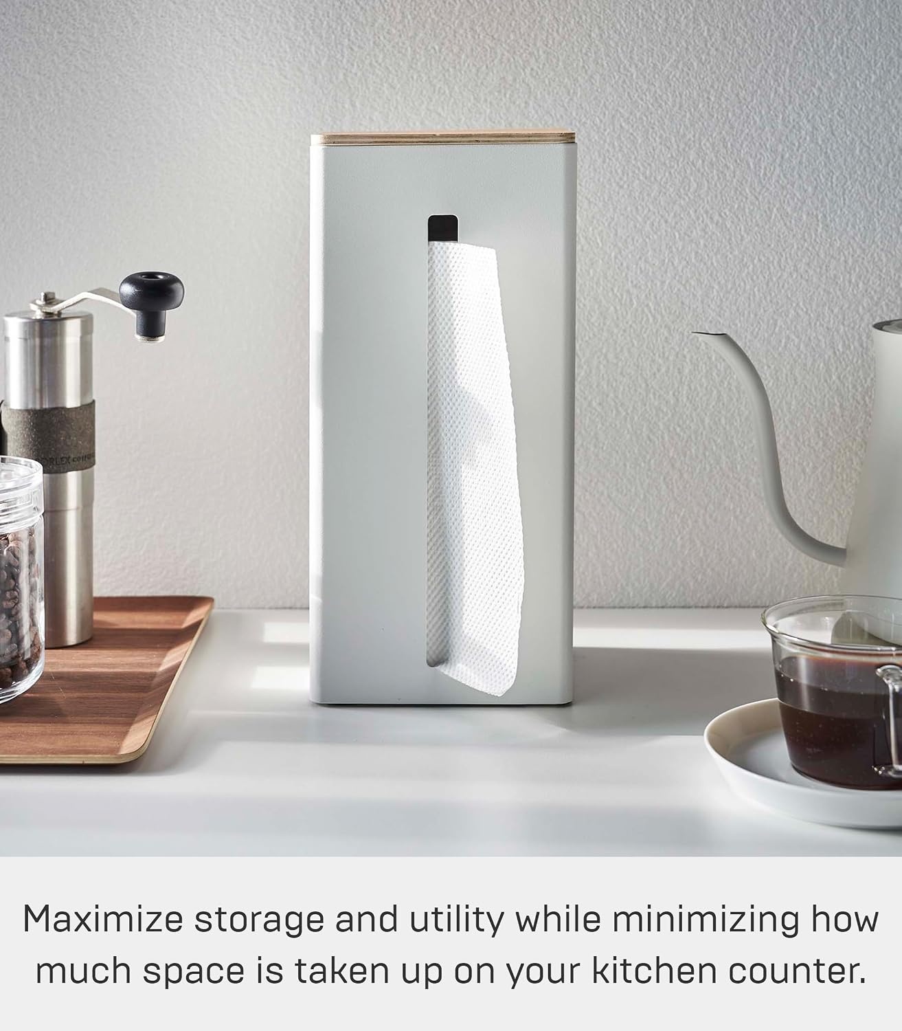 image:imageYamazaki Home Rin Vertical Double Sided Tissue Box Holder with Adjustable Divider Metal Paper Or Bag Dispenser with Wooden Lid Steel WoodWhite