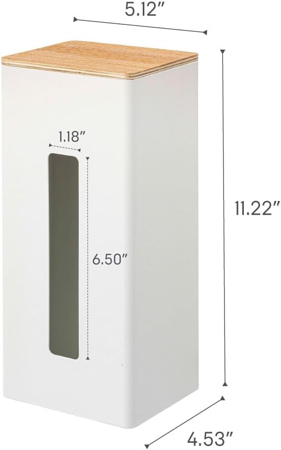 image:imageYamazaki Home Rin Vertical Double Sided Tissue Box Holder with Adjustable Divider Metal Paper Or Bag Dispenser with Wooden Lid Steel WoodWhite