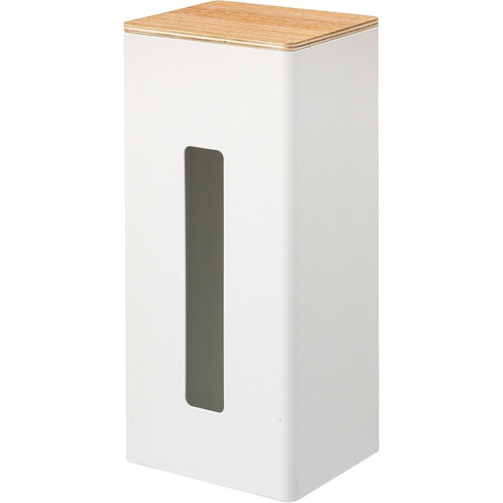 image:imageYamazaki Home Rin Vertical Double Sided Tissue Box Holder with Adjustable Divider Metal Paper Or Bag Dispenser with Wooden Lid Steel WoodWhite