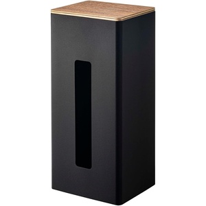 Yamazaki Home Rin Vertical Double Sided Tissue Box Holder with Adjustable Divider- Metal Paper Or Bag Dispenser with Wooden Lid – Steel + Wood(Black)