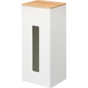 Yamazaki Home Rin Vertical Double Sided Tissue Box Holder with Adjustable Divider- Metal Paper Or Bag Dispenser with Wooden Lid – Steel + Wood(White)