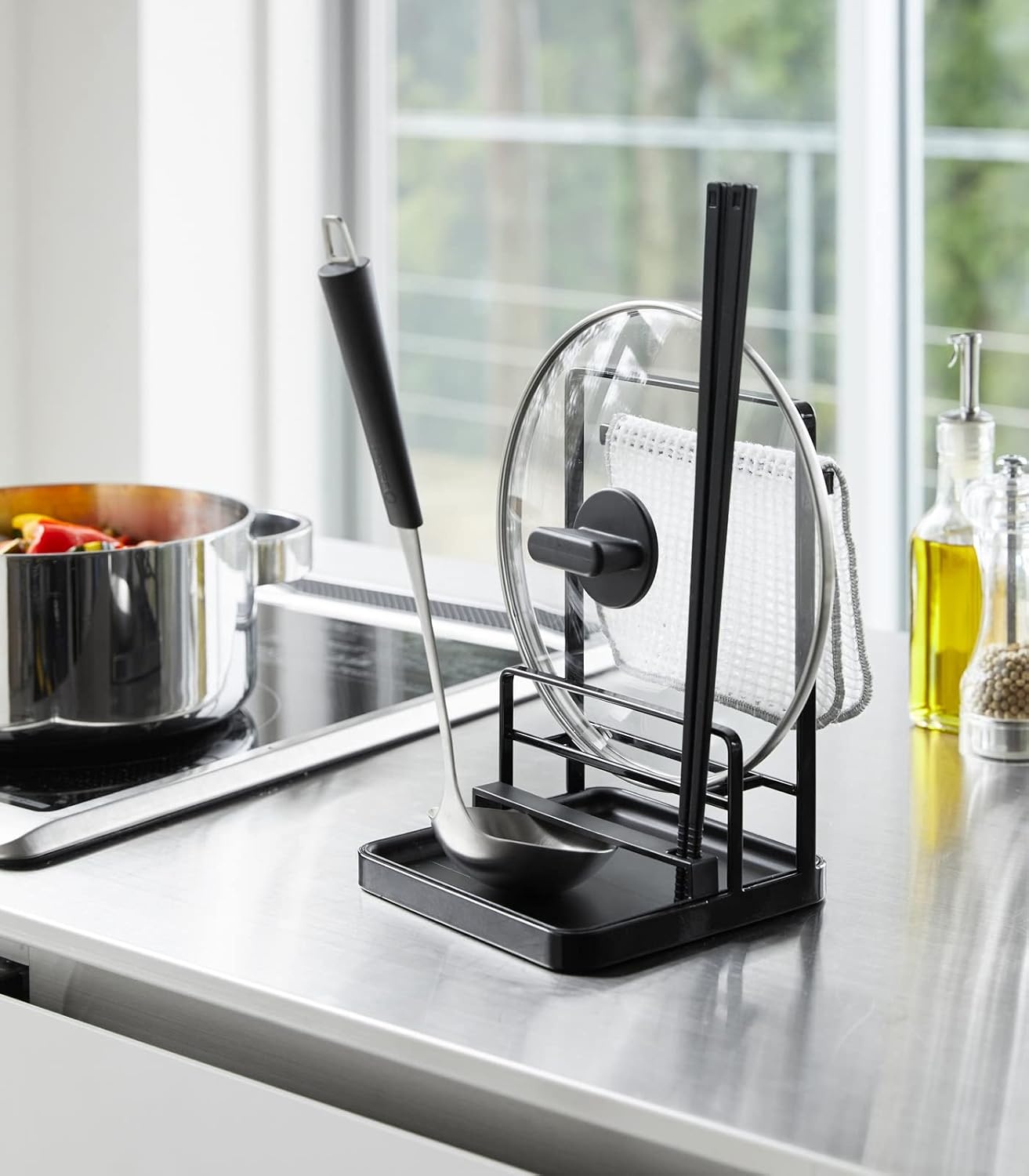 image:imageYAMAZAKI Home Tower Cooking Tool And Lid Station Kitchen Utensil Organizer Stand Steel