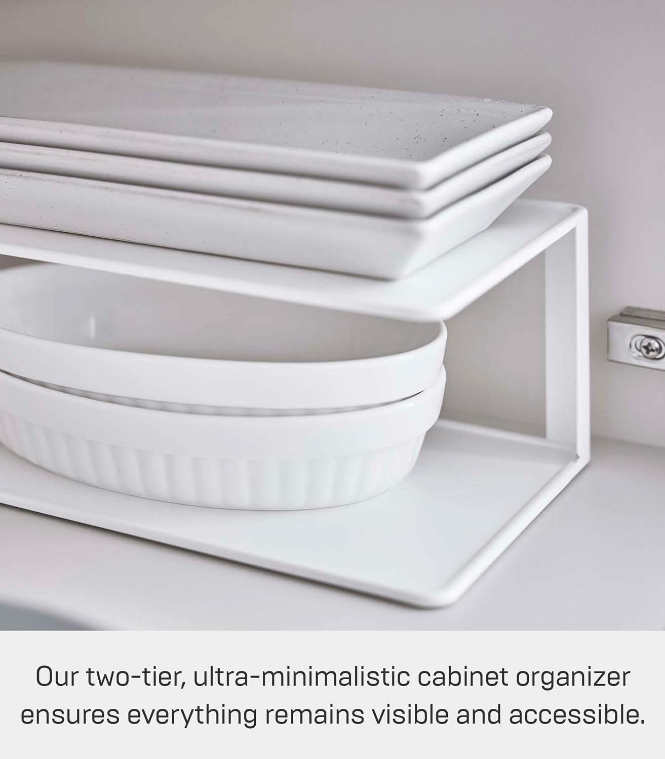 image:imageYAMAZAKI Home Tower Dish Storage Rack with Two Tiers for Kitchen Cabinet Or Countertop Dinnerware Dinner Plate Cabinet Organizer Long Metal Holder SteelWhite