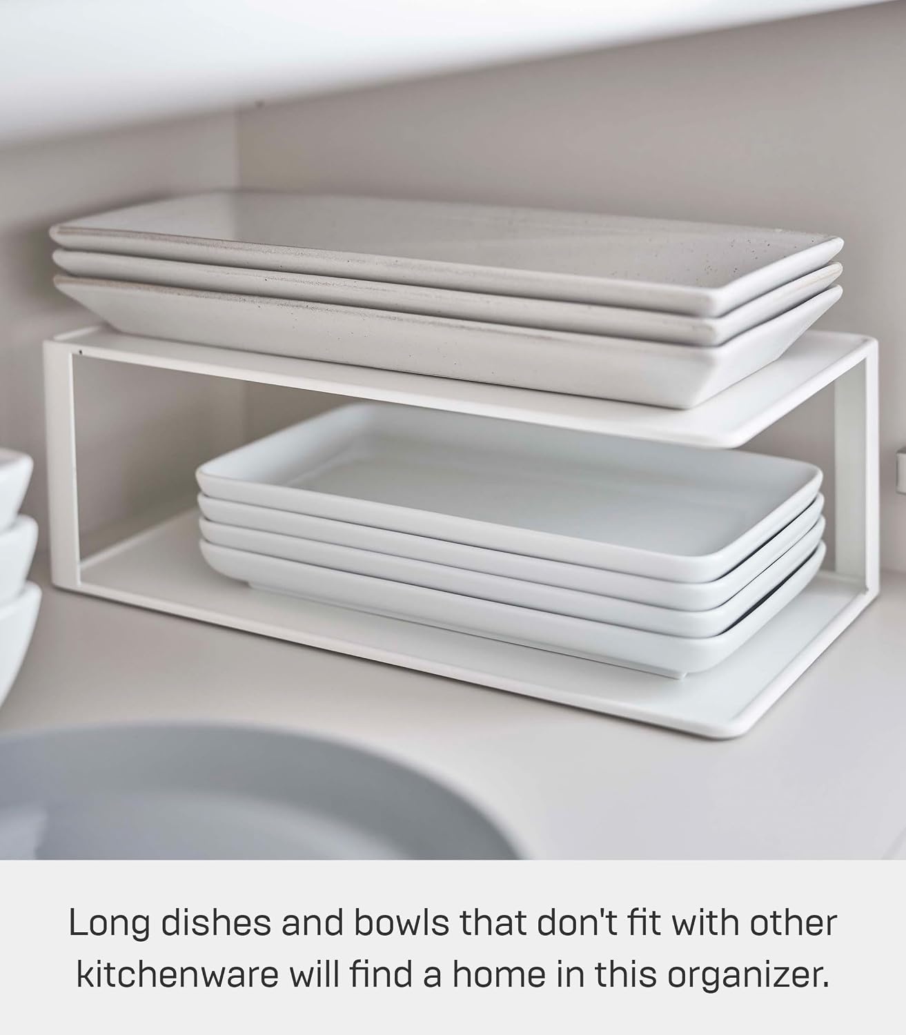 image:imageYAMAZAKI Home Tower Dish Storage Rack with Two Tiers for Kitchen Cabinet Or Countertop Dinnerware Dinner Plate Cabinet Organizer Long Metal Holder SteelWhite