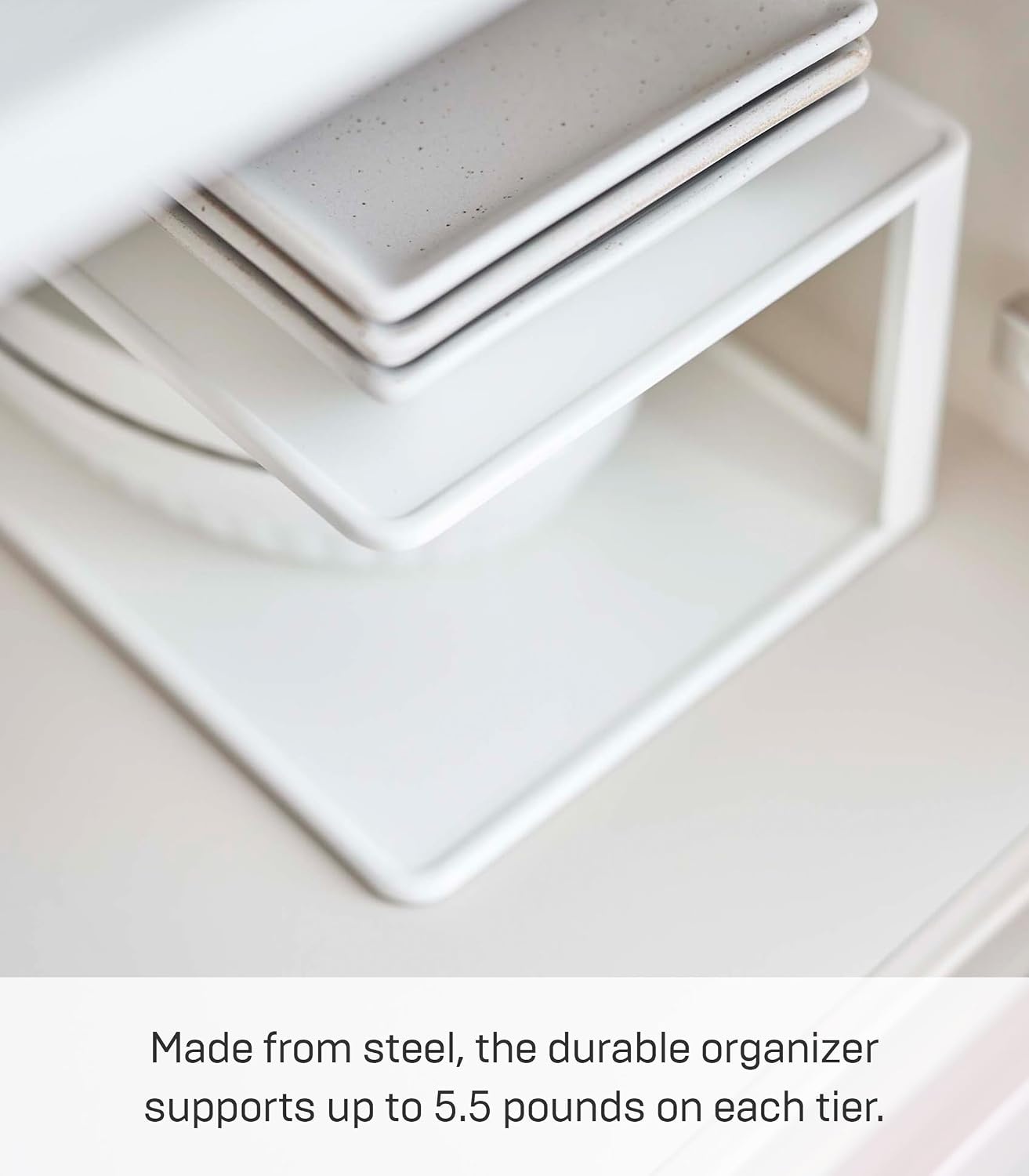 image:imageYAMAZAKI Home Tower Dish Storage Rack with Two Tiers for Kitchen Cabinet Or Countertop Dinnerware Dinner Plate Cabinet Organizer Long Metal Holder SteelWhite