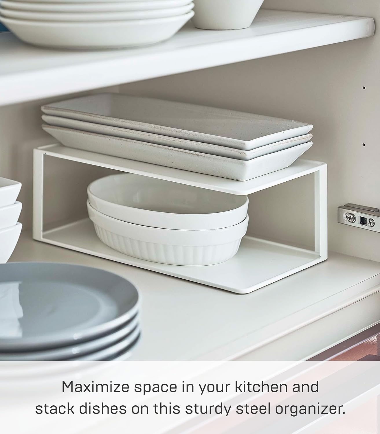 image:imageYAMAZAKI Home Tower Dish Storage Rack with Two Tiers for Kitchen Cabinet Or Countertop Dinnerware Dinner Plate Cabinet Organizer Long Metal Holder SteelWhite