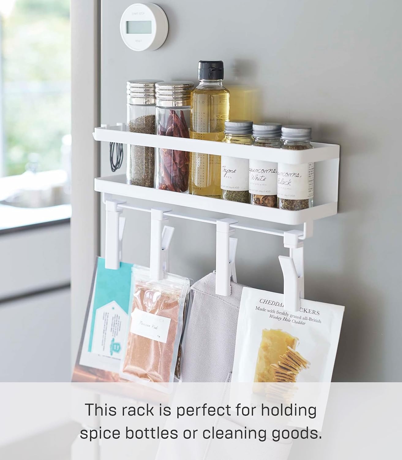 image:imageYAMAZAKI Home Tower Magnetic Kitchen Spice Rack Organizer Shelf With EasyGrip Rotating Adjustable Clips Floating Rack With Strong Hooks Steel