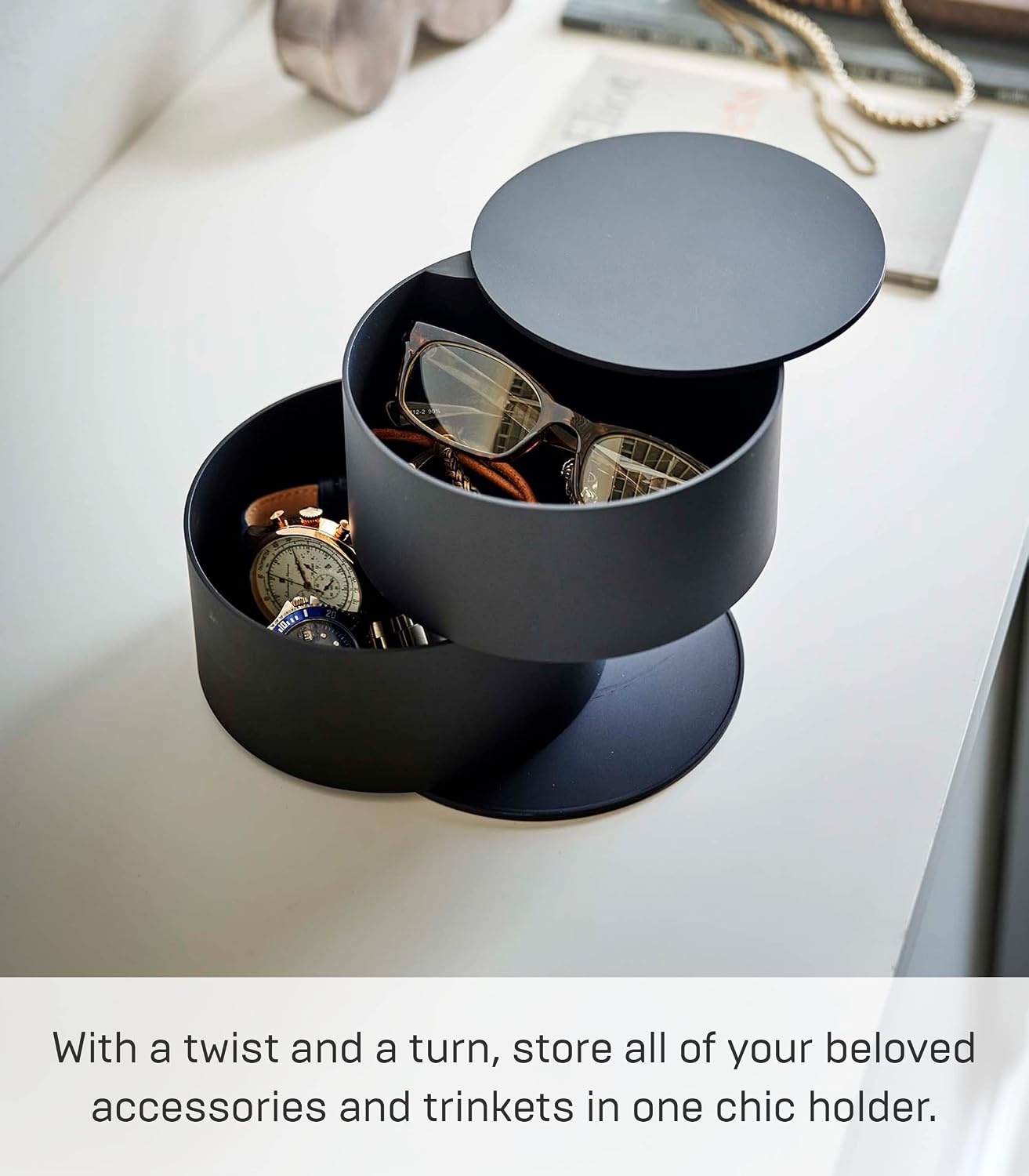 image:imageYAMAZAKI Home Tower Stacked Jewelry Box Rotating Storage Organizer For Accessories Glasses Watches Earrings Display Holder Abs PlasticBlack