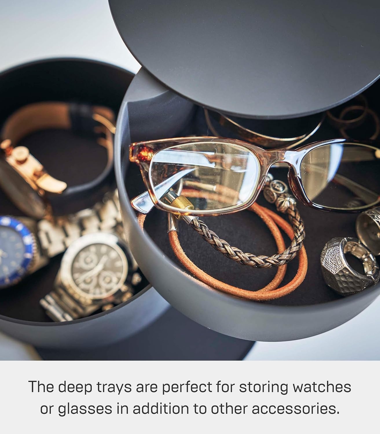 image:imageYAMAZAKI Home Tower Stacked Jewelry Box Rotating Storage Organizer For Accessories Glasses Watches Earrings Display Holder Abs PlasticBlack