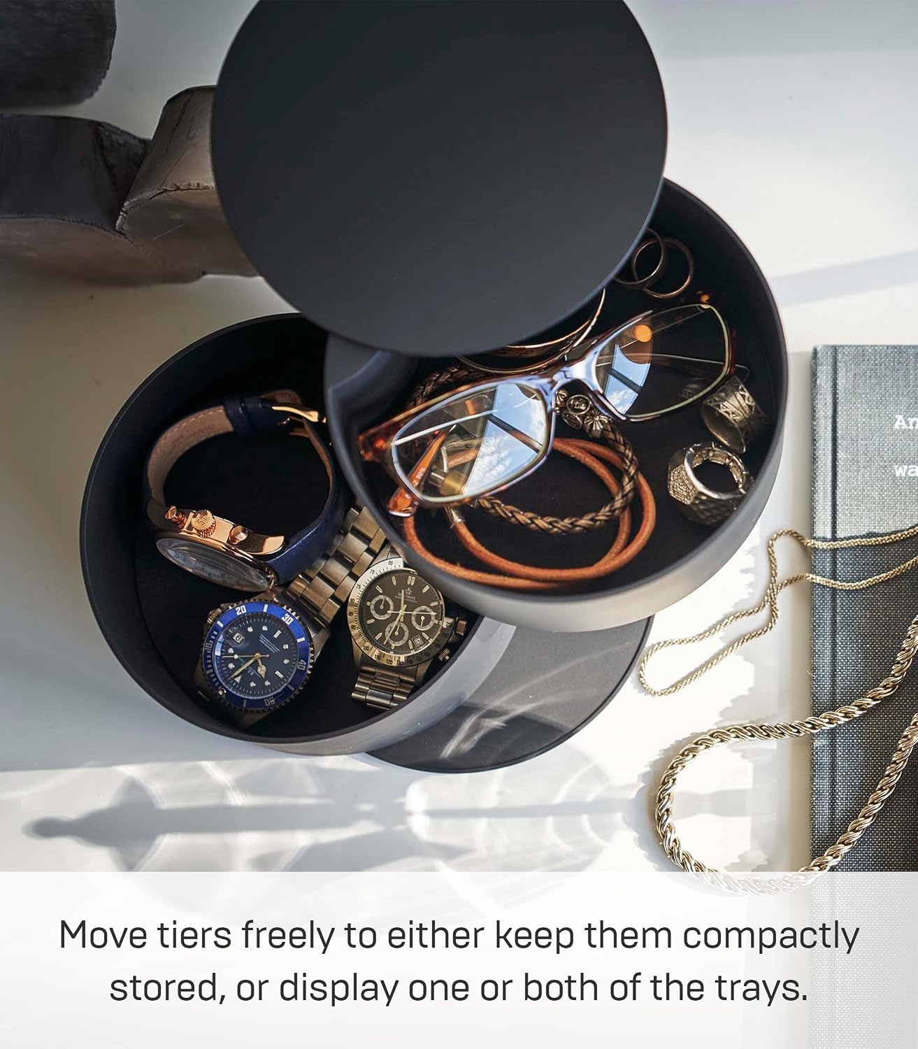 image:imageYAMAZAKI Home Tower Stacked Jewelry Box Rotating Storage Organizer For Accessories Glasses Watches Earrings Display Holder Abs PlasticBlack