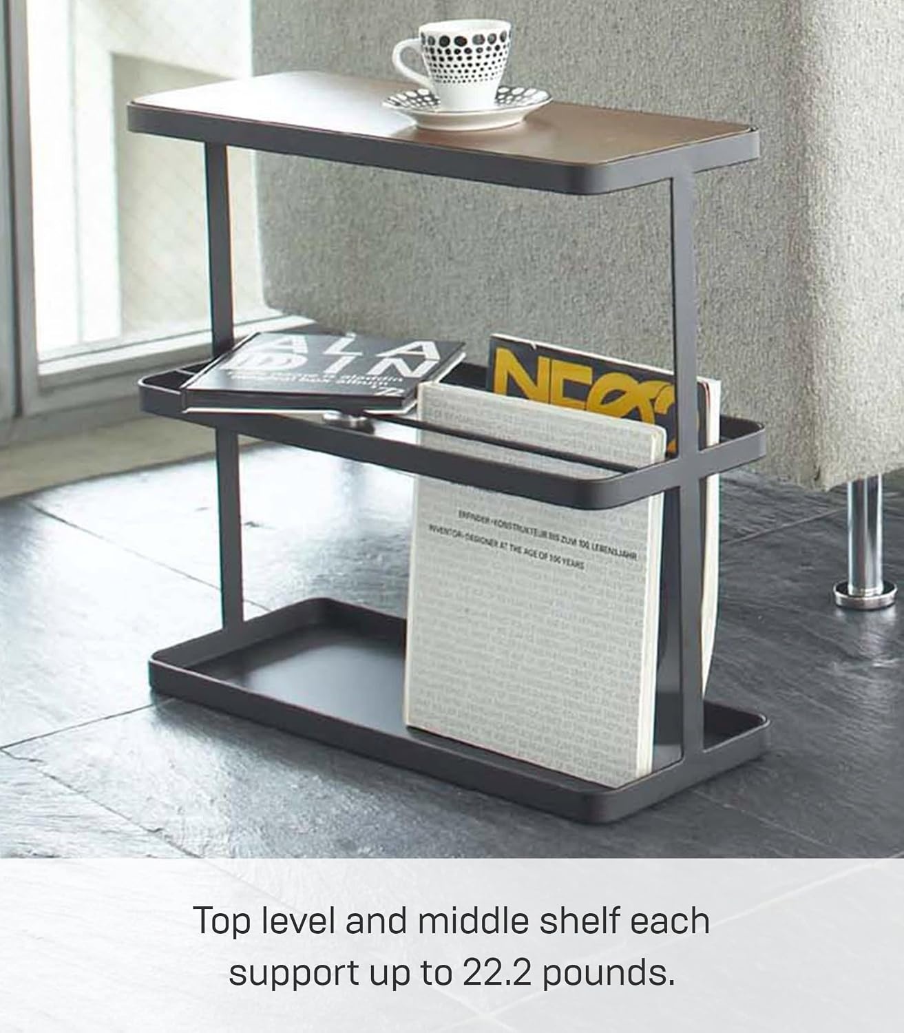image:imageYAMAZAKI Home Tower Side Table with Storage Tier Shelves Narrow Narrow Wooden and Metal End Table for Bedside Or Living Room 17 SteelBlack