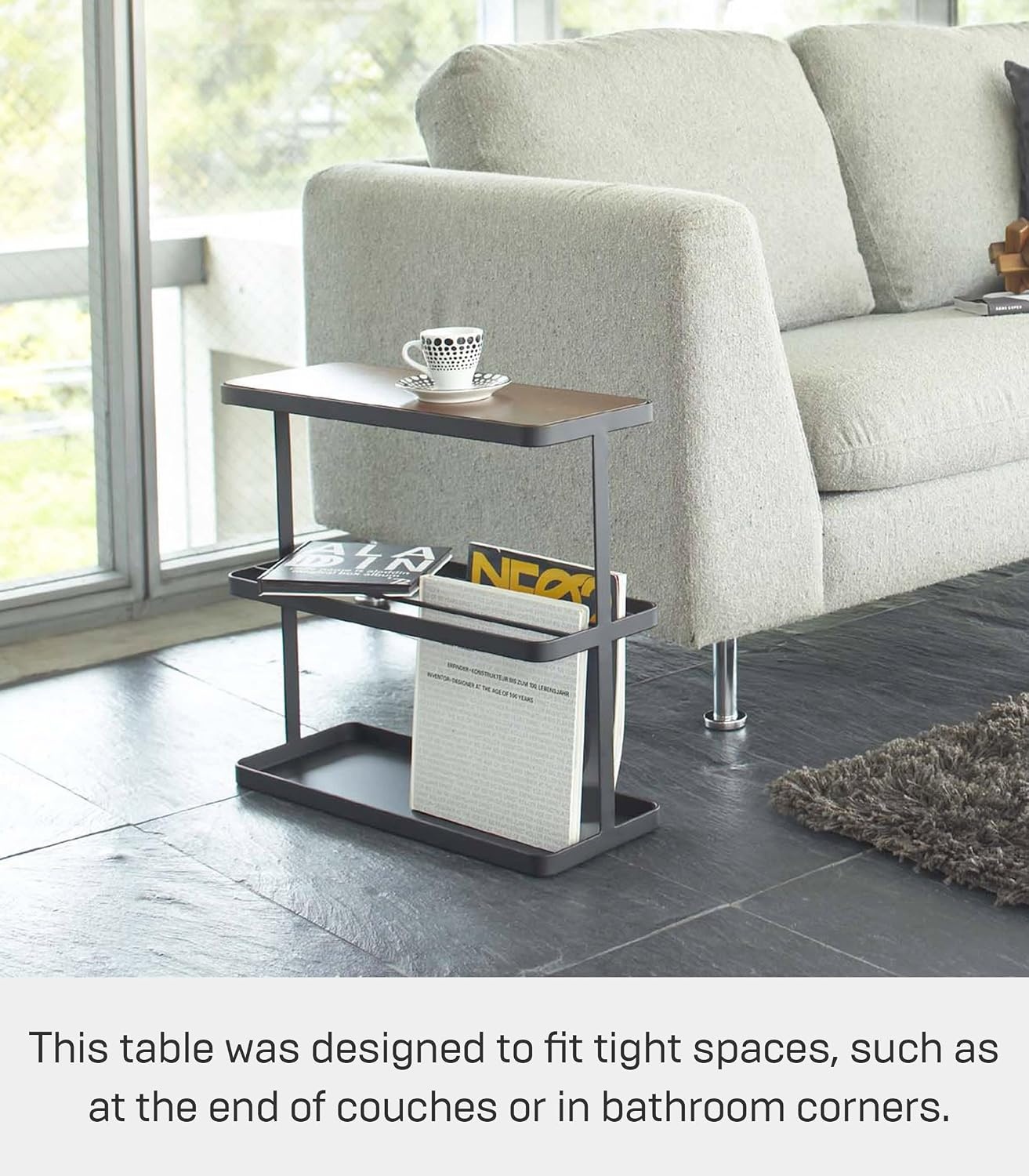 image:imageYAMAZAKI Home Tower Side Table with Storage Tier Shelves Narrow Narrow Wooden and Metal End Table for Bedside Or Living Room 17 SteelBlack