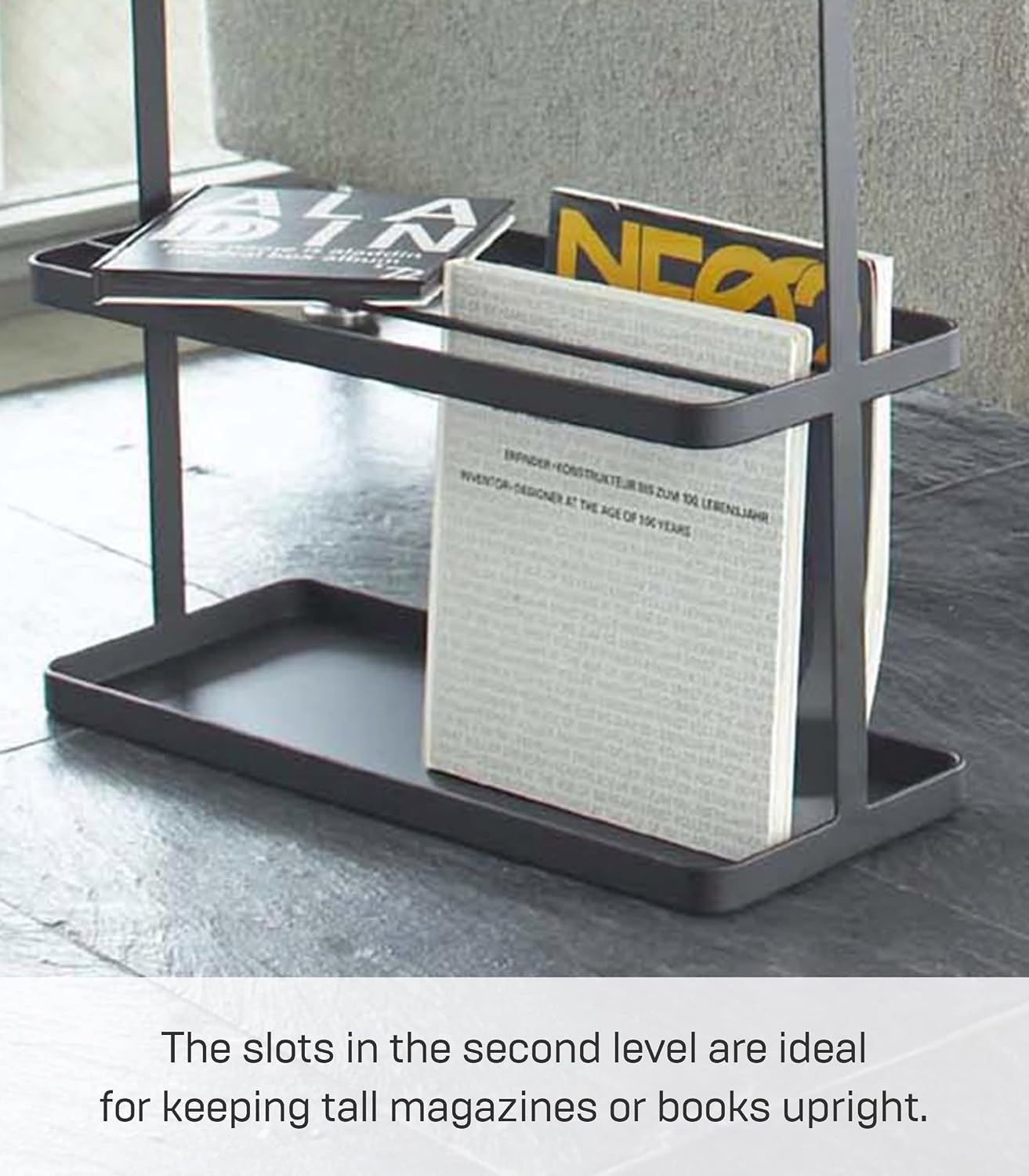 image:imageYAMAZAKI Home Tower Side Table with Storage Tier Shelves Narrow Narrow Wooden and Metal End Table for Bedside Or Living Room 17 SteelBlack
