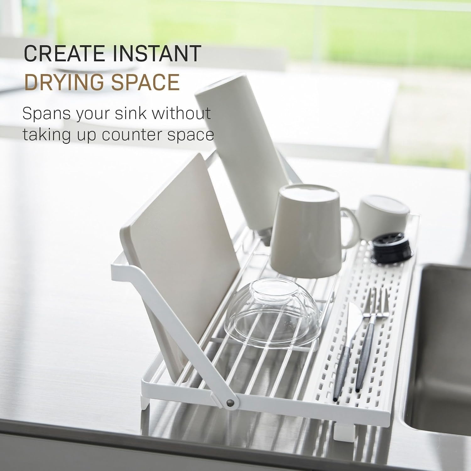 image:imageYAMAZAKI Home Tower Collapsible OverTheSink Dish Drying Rack Slim SpaceSaving Dish Rack with Movable Bars and Removable Silicone Tray for Plates Cutting Boards and Cutlery Steel White