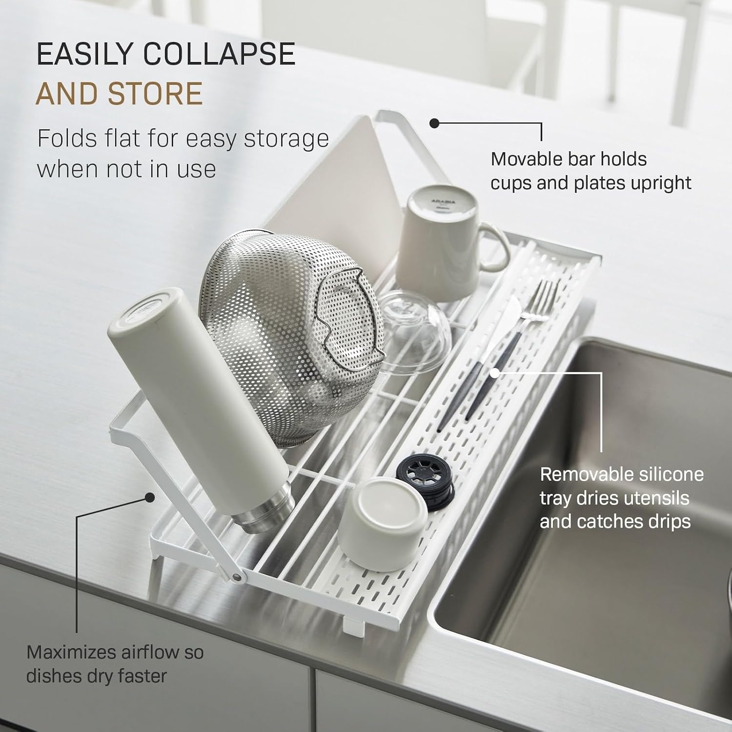 image:imageYAMAZAKI Home Tower Collapsible OverTheSink Dish Drying Rack Slim SpaceSaving Dish Rack with Movable Bars and Removable Silicone Tray for Plates Cutting Boards and Cutlery Steel White