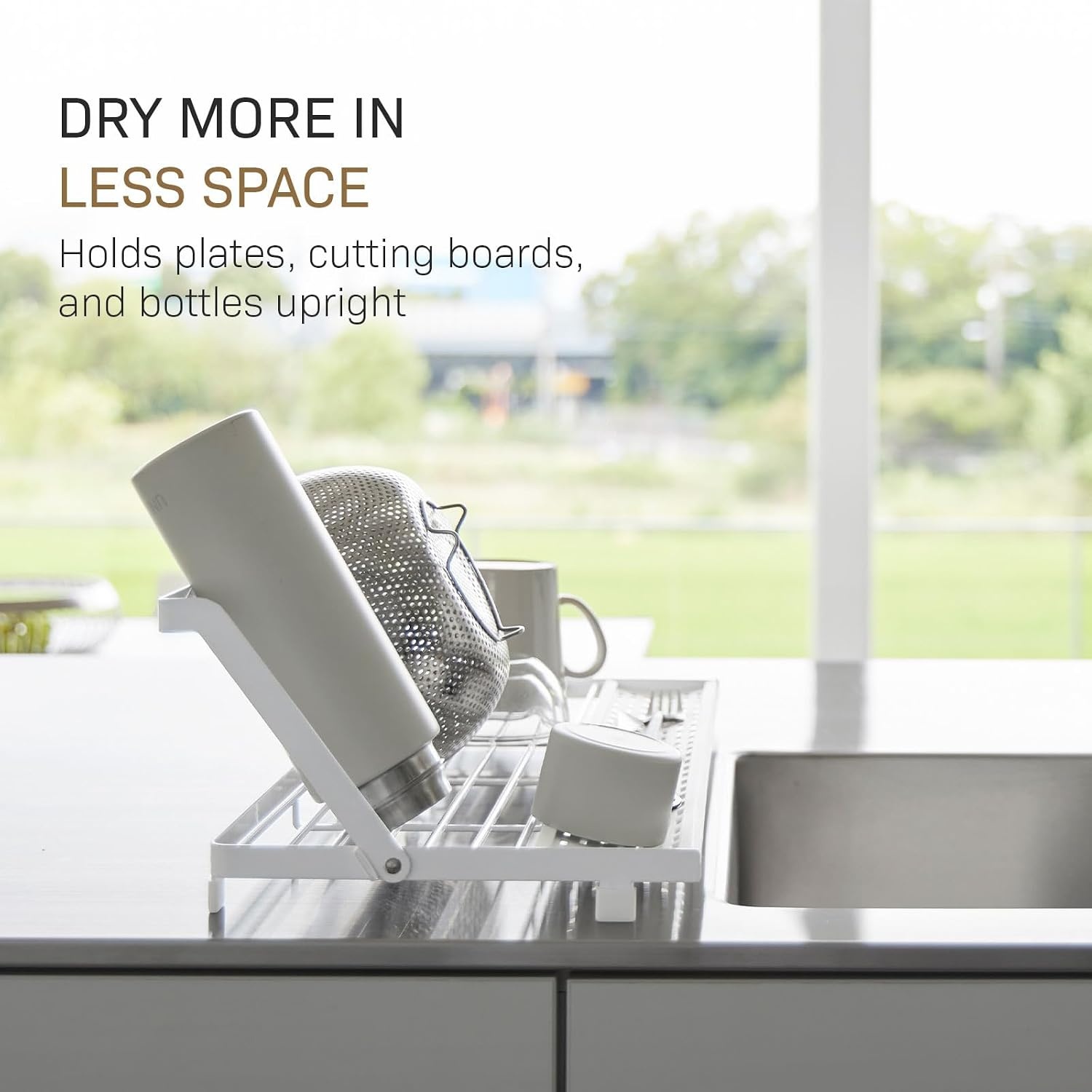 image:imageYAMAZAKI Home Tower Collapsible OverTheSink Dish Drying Rack Slim SpaceSaving Dish Rack with Movable Bars and Removable Silicone Tray for Plates Cutting Boards and Cutlery Steel White