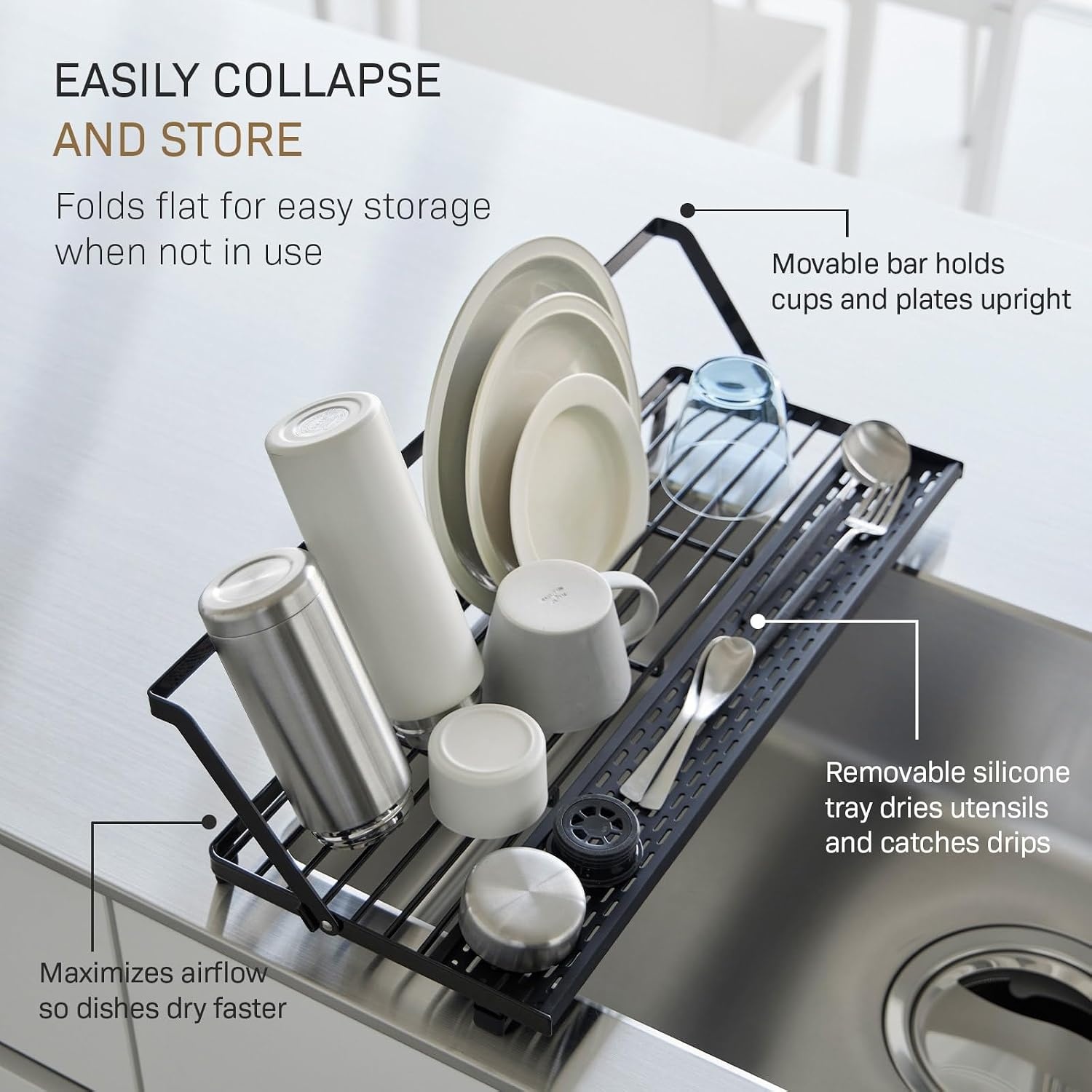 image:imageYAMAZAKI Home Tower Collapsible OverTheSink Dish Drying Rack Slim SpaceSaving Dish Rack with Movable Bars and Removable Silicone Tray for Plates Cutting Boards and Cutlery Steel Black